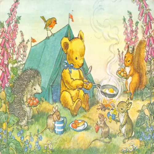A730 Teddys Zelt Fantasy Humanisierter Bär Igel Eichhörnchen Mäuse Vogel Postkarte