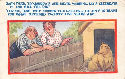 A730 Comic Humor 1927 Silberhochzeit Jahrestag Schweineopfer Vintage Postkarte