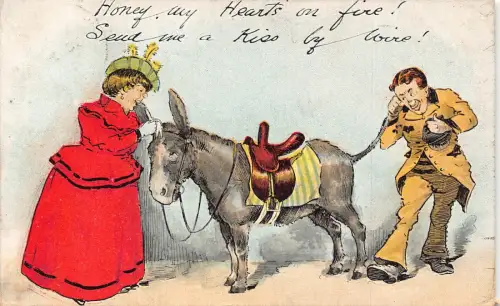 A730 Comic Humor 1906 Paar mit Esel als Telefon Postkarte