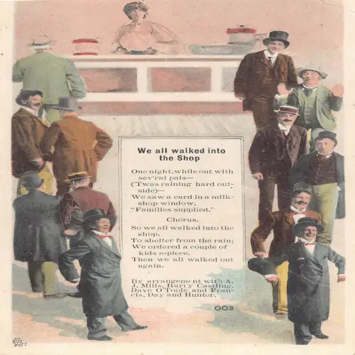 A731 Wir gingen alle in den Laden Comic Humorvolles Lied 1911 Vintage Postkarte
