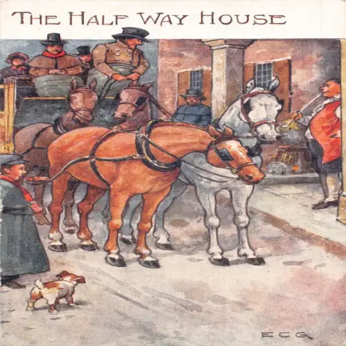 A731 Das halbe Haus Pferdekutsche Georgische Ära Kunst 1910 Vintage Postkarte