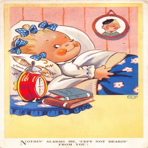 A731 Comic Humor 1947 Mädchen von Wecker aufgewacht Bücher Portrait Postkarte