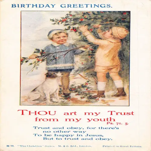 A731 Geburtstagsgrüße Kinder pflücken Heiligen Baum Hund Vintage Postkarte