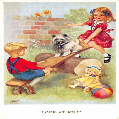 A732 Schau mich an! 1968 Kinder auf Wippe Hund Puppe Ball Vintage Postkarte
