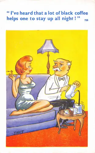 A732 Comic Humor Frau raucht Zigarette älterer Mann gießt schwarzen Kaffee Postkarte