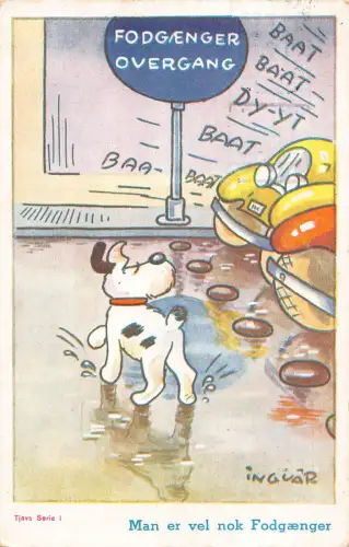 A732 Comic Humor Kunst von Axel Ingvar 1935 Hund überquert die Straße Vintage Postkarte