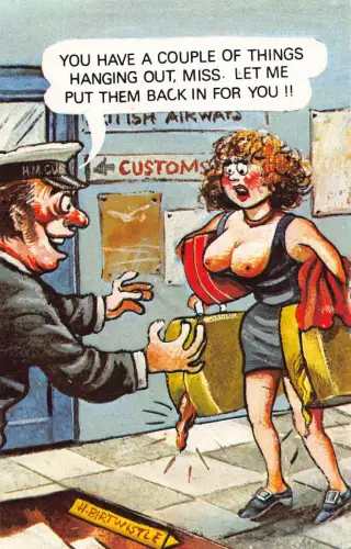 A732 Comic Humor Zollbeamter halbnackte Frau Dinge hängende Postkarte