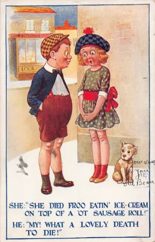 A732 Comic Humor Kinder im Gespräch starben, weil sie Eis essen Hund Postkarte
