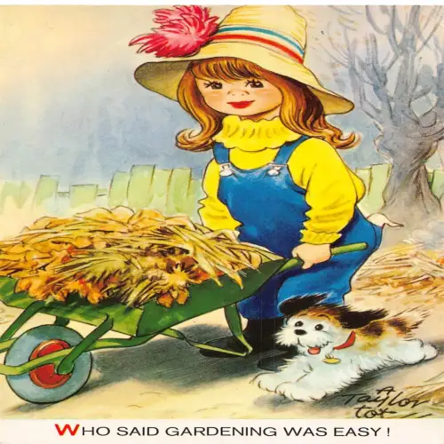 A733 Bamforth Taylor Tots Serie Mädchen Hund Schubkarre Gartenarbeit Comic Postkarte