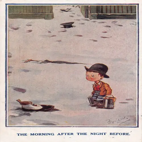 A733 Comic Humor Junge Schuh im Schnee Morgen nach der Nacht vor Postkarte
