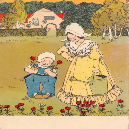 A734 Kunst 1908 Niederländische Mutter und Junge Gartenarbeit rote Tulpen Sprinkler Postkarte