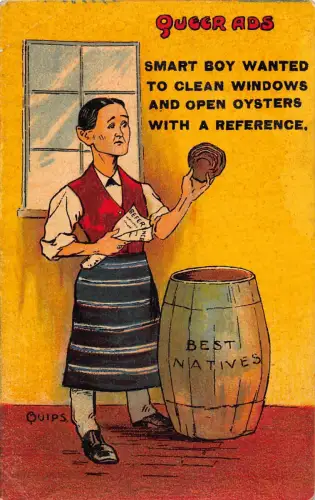 A734 Comic Humor 1913 Queere Werbung Mann verkauft Austern beste Eingeborene Postkarte