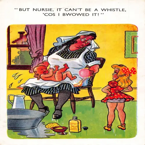 A735 Comic Humor Krankenschwester Pflege Baby Talkum Mädchen im roten Kleid Vintage Postkarte