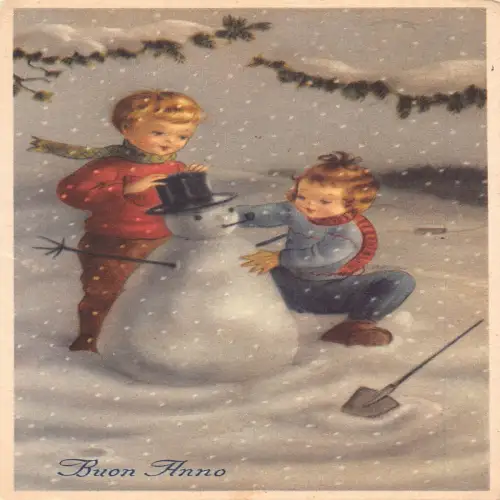A735 Weihnachtsgrüße 1955 Kinder machen Schneemann Vintage Postkarte