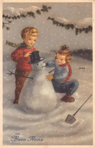 A735 Weihnachtsgrüße 1955 Kinder machen Schneemann Vintage Postkarte