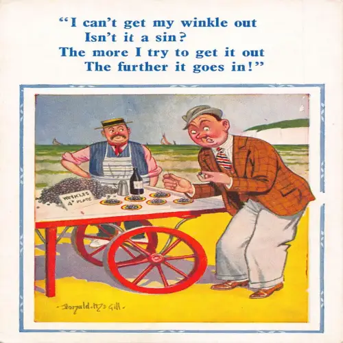 A735 Donald McGill Comic Winkles Verkäufer Mann versucht zu essen Vintage Postkarte