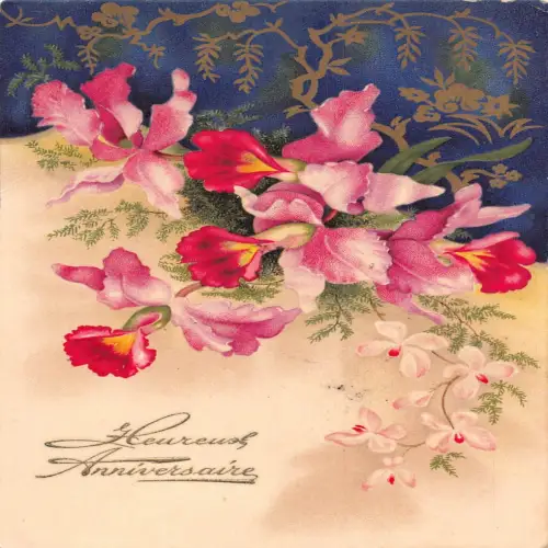 A736 Geburtstagsgrüße Cattleya Orchidee Blumen 1941 WWII Feld Postkarte