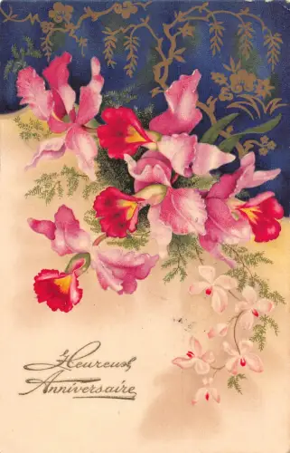 A736 Geburtstagsgrüße Cattleya Orchidee Blumen 1941 WWII Feld Postkarte