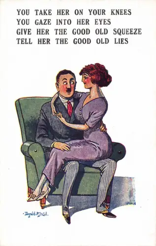 A735 Comic Humor Liebe Frau sitzt im Schoß des Mannes Vintage Postkarte