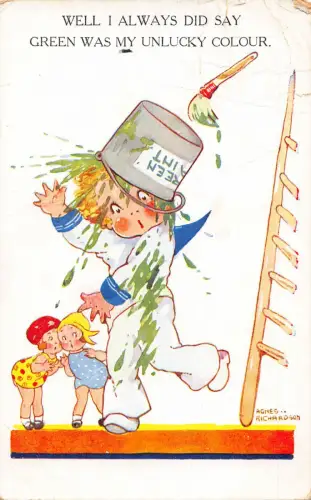 A735 Comic Humor 1939 grüne Farbe in Jungenkopf Unglücksfarbe Vintage Postkarte