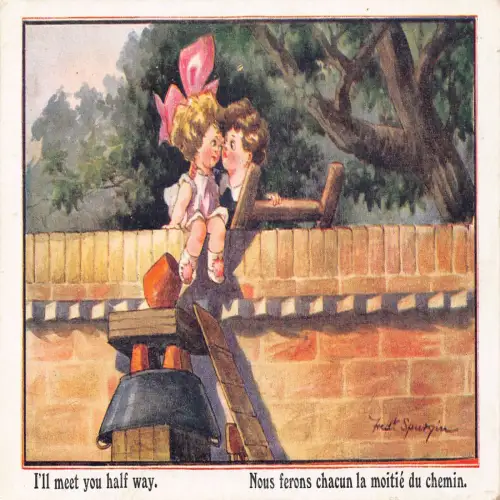 A737 Comic Romance I'll meet you half way Children on Fence Vintage Postkarte