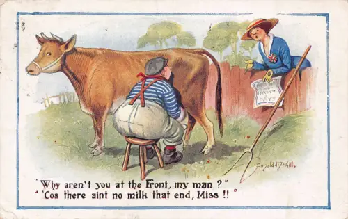 A738 Comic Humor 1918 Warum bist du nicht vorne? Mann melkt Kuh Vintage Postkarte