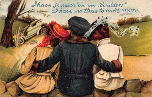 A738 Comic Humor 1910 Mann umarmt zwei Frauen Keine Zeit zu schreiben Vintage Postkarte