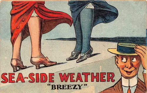 A739 Comic Humor 1915 Sea-Side Wetter Mann schaut Frauenröcke Postkarte