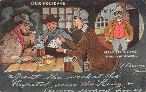 A738 Comic Humor 1909 Männer trinken Spielkarten Rauchen Pfeife Zigarette Kneipe Postkarte