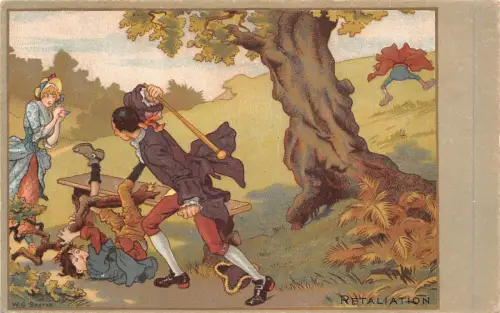 A738 Comic Humor 1908 Vergeltung Junge fiel vom Baum Paar Vintage Postkarte