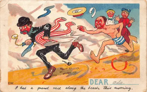 A738 Comic Humor 1908 halbnackter Mann läuft hinter Räuber her Vintage Postkarte
