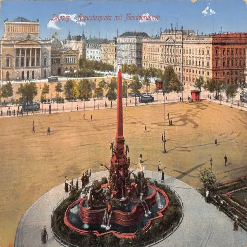 B137 Deutschland 1915 Leipzig Augustusplatz mit Mendebrunnen 1. Weltkrieg Feldpostkarte