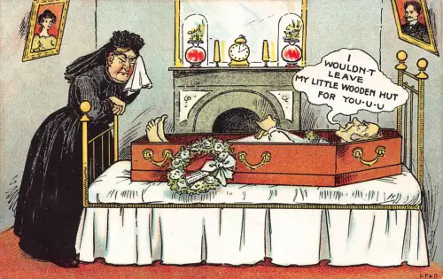 A739 Humor Comic Toter Mann würde seinen Sarg nicht wegen trauriger Witwe verlassen Postkarte