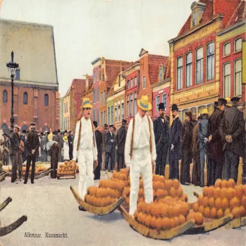 A740 Niederlande Alkmaar Kaasmarkt Käsemarkt und Verkäufer Vintage Postkarte
