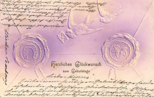 B133 geprägt 1903 Umschlag Hufeisen Schwalbe Vögel Wachssiegel Vintage Postkarte