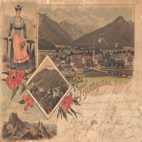 B137 Deutschland 1900 Gruss aus Fischbachau Blumen Volkstracht Litho Postkarte