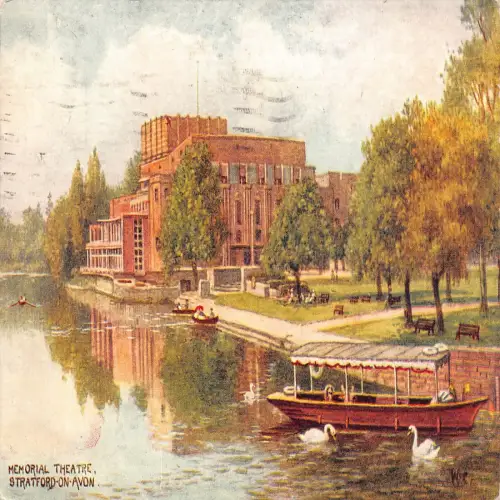 B141 England 1954 Memorial Theater Stratford on Avon Swans Boat Vintage Postkarte