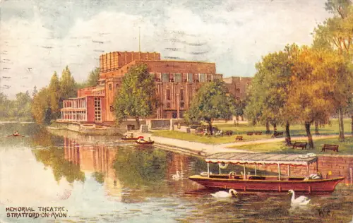 B141 England 1954 Memorial Theater Stratford on Avon Swans Boat Vintage Postkarte