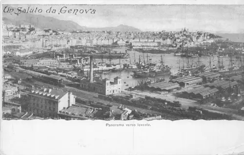 A746 Italien Un saluto da Genova Genua Panorama Bahnhof Schiffe Postkarte