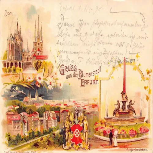 L481 Deutschland 1898 Gruss aus der Blumenstadt Erfurt Litho Vintage Postkarte