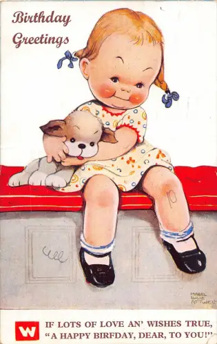 L481 Geburtstagsgrüße kleines Mädchen und Welpe signiert ML Attwell Vintage Postkarte
