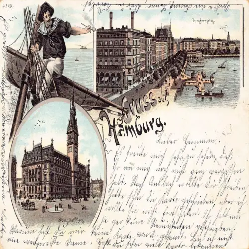 L481 Deutschland 1897 Gruss aus Hamburg Matrose Litho Vintage Postkarte
