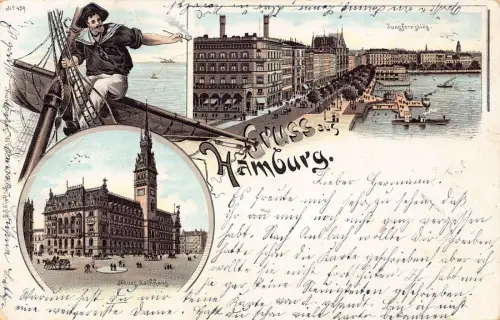L481 Deutschland 1897 Gruss aus Hamburg Matrose Litho Vintage Postkarte