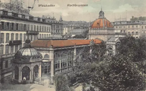 A754 Deutschland 1909 Wiesbaden Kochbrunnen Vintage Postkarte