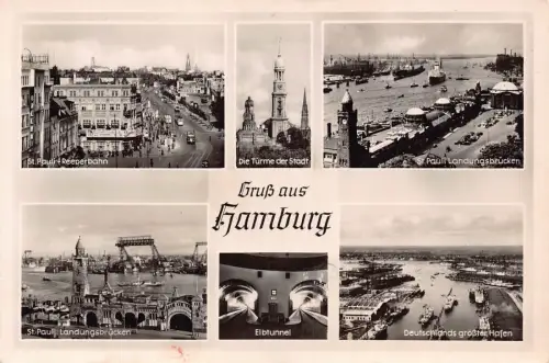 A754 Deutschland Gruss aus Hamburg Tuerme Elbtunnel Reeperbahn Brücke RPPC Postkarte