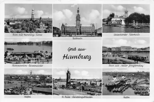 A754 Deutschland Gruss aus Hamburg Hafen Dampfschiff Brücke Rathaus RPPC Postkarte