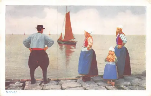 A754 Niederlande Marken Segelboot Tracht Familie Ethno Postkarte