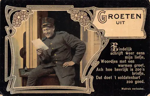 A754 Niederlande Groeten uit Passepartout Blumen Soldat liest Brief Postkarte