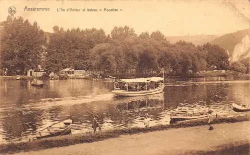 A755 Belgien Anseremme L'Ile d'Amour et bateau Mouettes Boot Postkarte