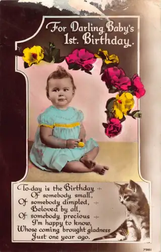A757 Liebling Babys 1. Geburtstag Rosen Blumen Katze Gedicht Vintage Postkarte